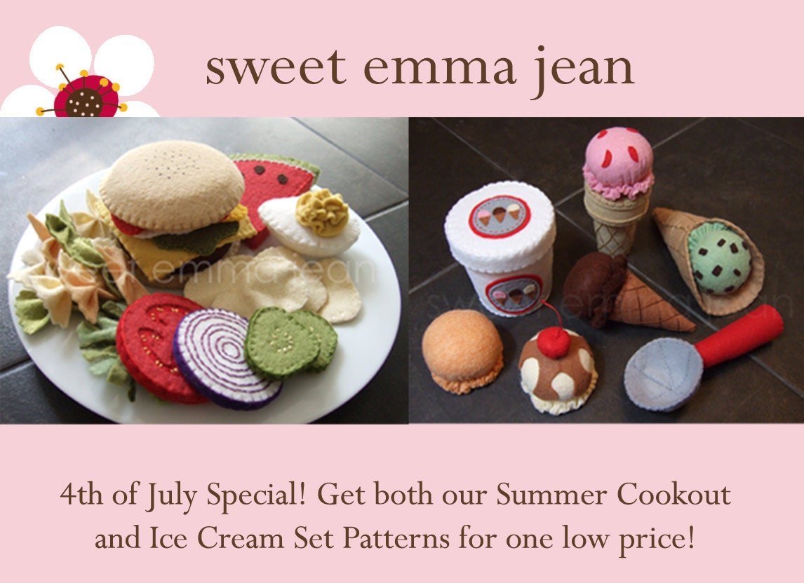 Summer Fun Combo Special - Felt Ice Cream Set & Felt Hamburger Cookout Set - PDF Patterns - DIY Felt Food