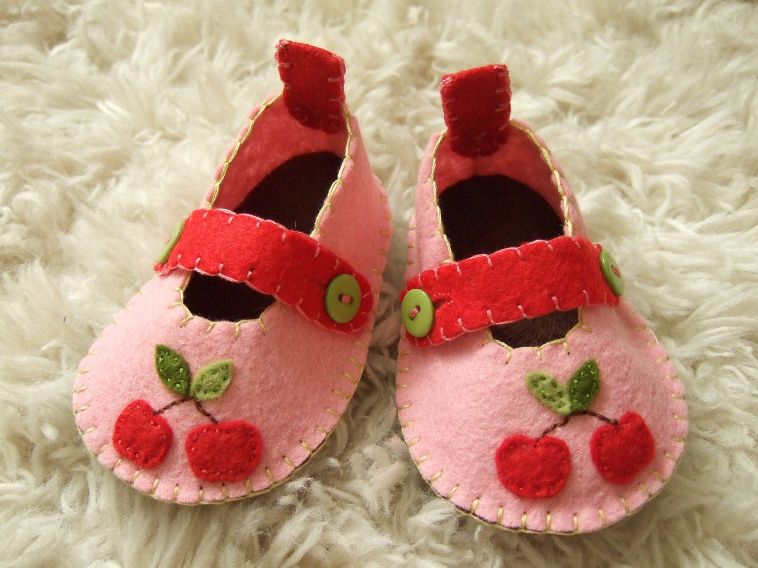 Pink Mary Janes with Red Cherries - Felt Baby Shoes - Can Be Personalized