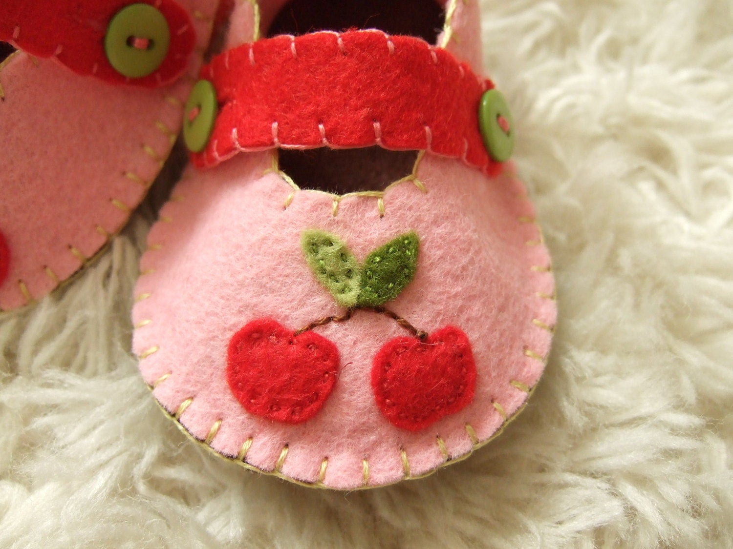 Pink Mary Janes with Red Cherries - Felt Baby Shoes - Can Be Personalized
