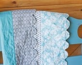 Scalloped Baby Quilt in Prints of Gray and Blue Floral, Ready to Ship