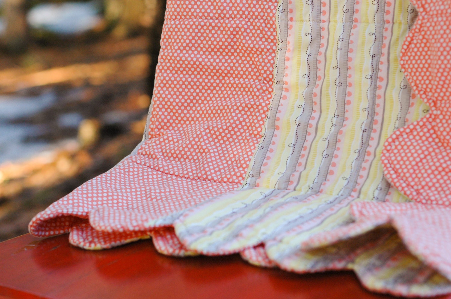 WINTER SALE: Just Reduced for the holidays....Baby Quilt in Yellow and Peach, Scalloped Edges