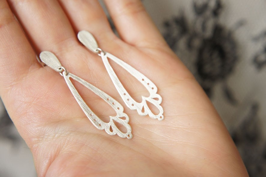 LINGERIE DANGLE LONG Earrings - Sterling Silver - Handmade by Gemagenta - Black or White - Wedding, Romantic, Lace, Light, Heart