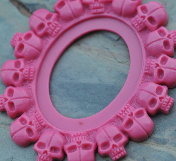 Set of 2 Antique Pink Newest Gothic Multi Skull Open Back Vintage Style Frame for Cabochon....39mm x 65mm 30mm x 40mm