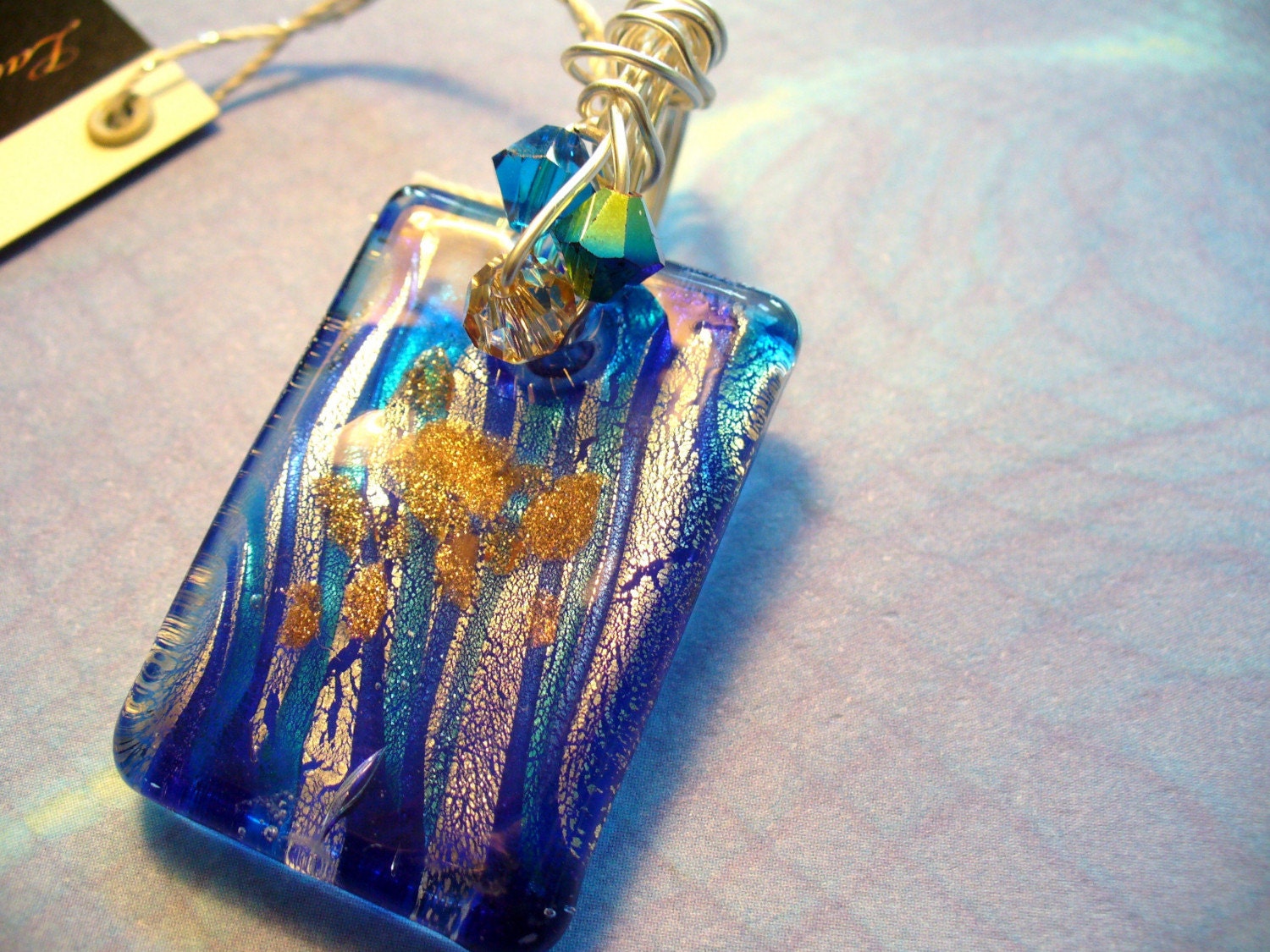Lampwork Glass Blue Silver Wire Wrapped Bail with Swarovski Crystals