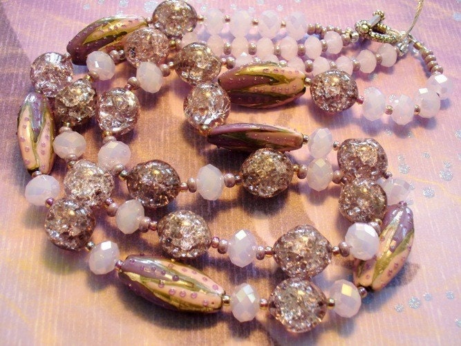 Lampwork Lavendar Pink Rose &  Lillac Glass 2 Strand Necklace