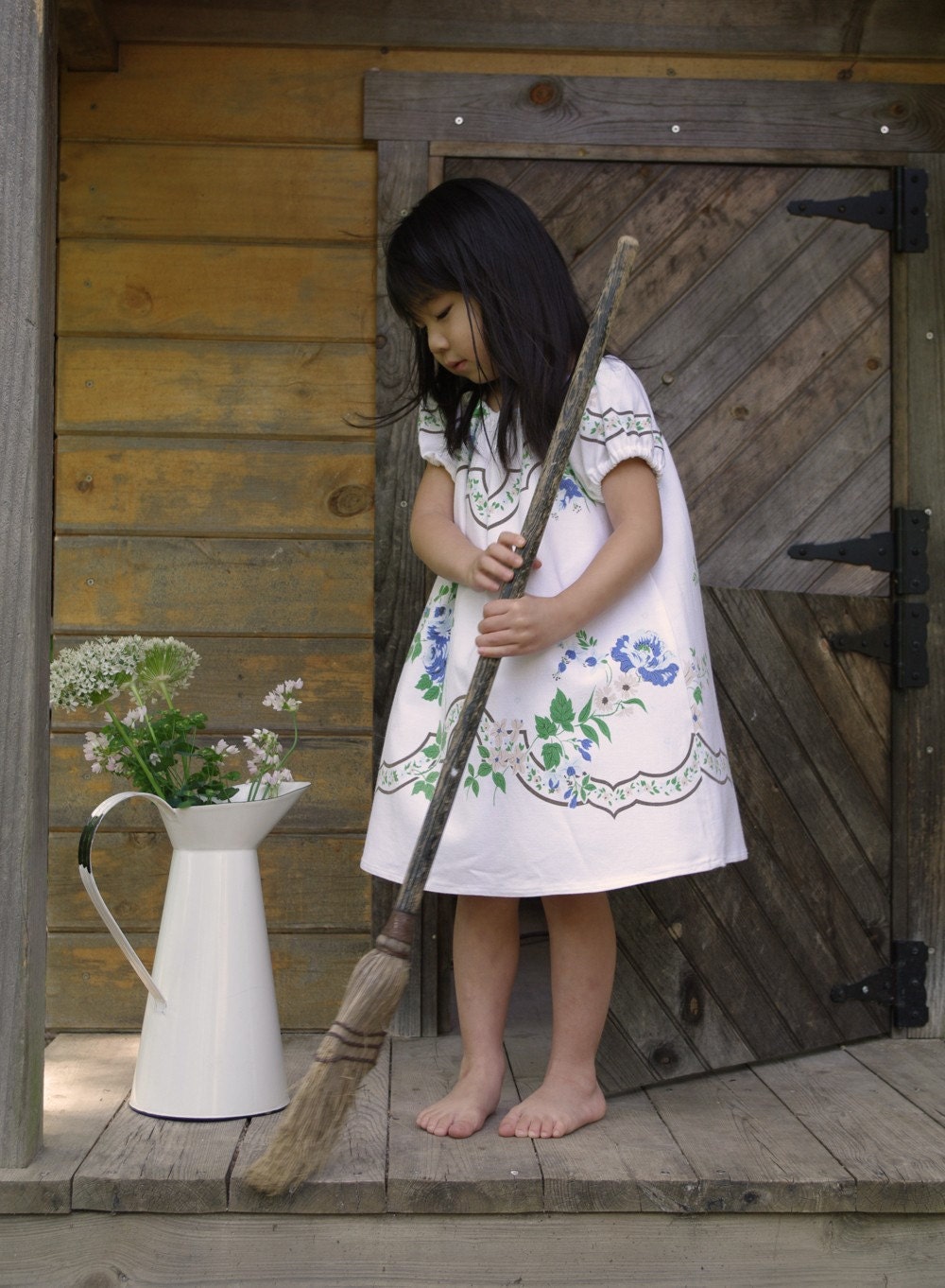 3T Recycled Vintage Tablecoth Dress- Heirlooom Little Girl Dress- Cream B lue & Green Floral- Recycled- Ecofriendly