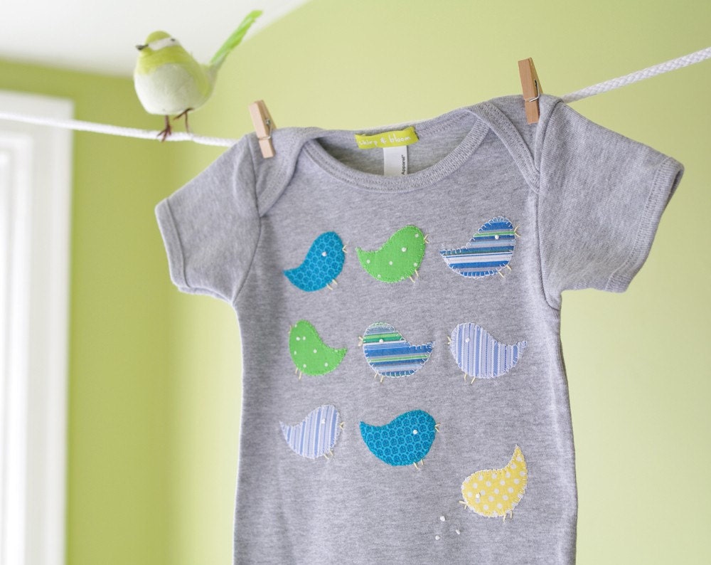 Baby Boy Bird Onesie - Handmade Birds Applique - Heather Grey Blue Green - 6m 12m 18m- Baby Shower Gift - Recycled Dress Shirts