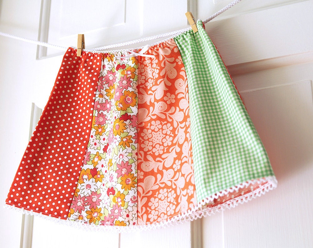 Girls' Picnic Skirt 2T- Orange Floral & Green Gingham Patchwork- Children Spring Fashion- Vintage Inspired Patchwork