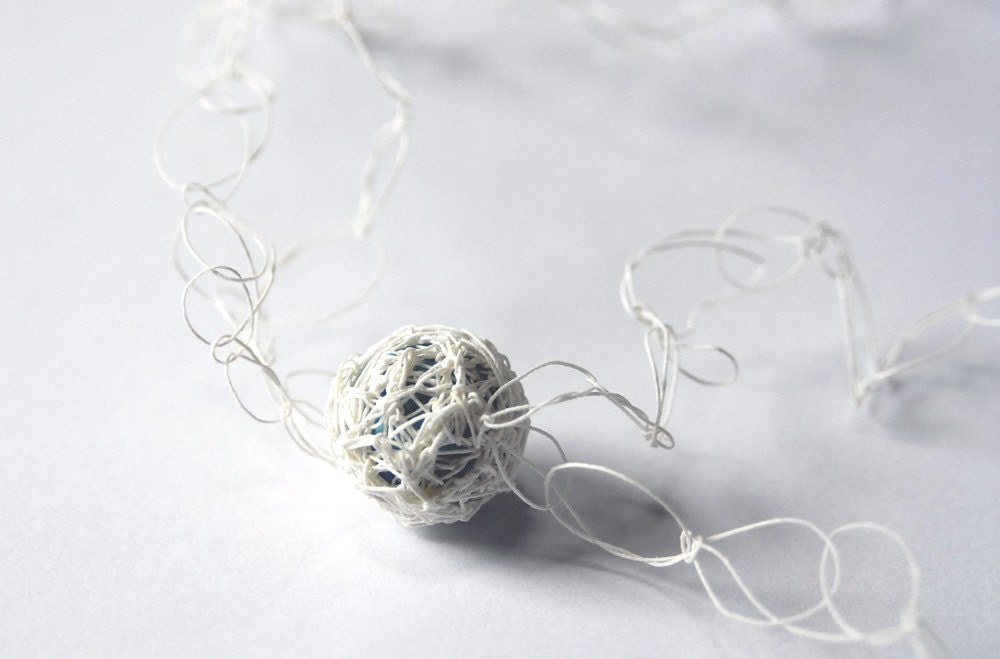 Delicate White Paper Yarn Necklace with Crocheted Bead