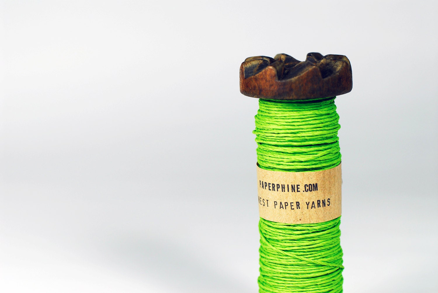 Fresh Green Paper Twine on an Old Wooden Braider's Bobbin / Lime Green Paper String