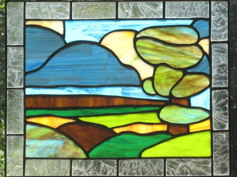 Stained Glass Window Panel Green Blue Landscape Handmade