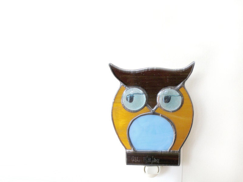 Nursery Nightlight Stained Glass Night Light Owl Brown Blue Boy Nursery Handmade OOAK