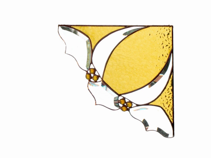 PAIR Stained Glass Window Corners Window Valance Amber Yellow Bevels White Panel Handmade OOAK