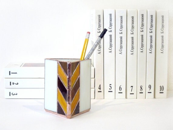 Pencil Holder Stained Glass Arrow Pumpkin Orange Brown Beige Southwestern Feather Geometric Handmade OOAK