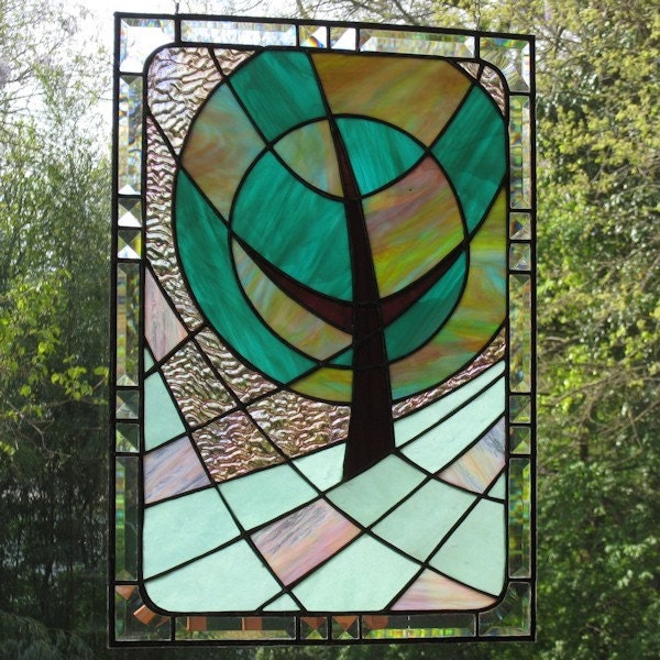 Modern Stained Glass Window Panel Landscape Pink Green Handmade OOAK