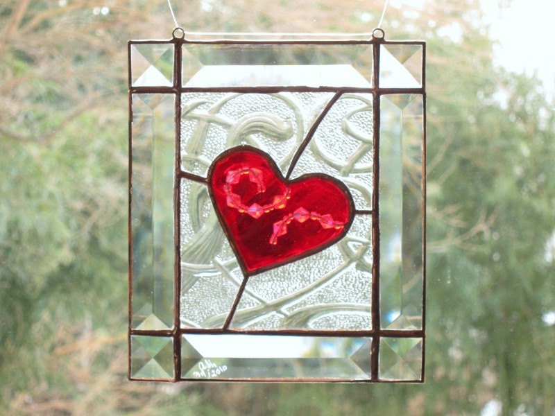 Red Heart Suncatcher Stained Glass Handmade OOAK