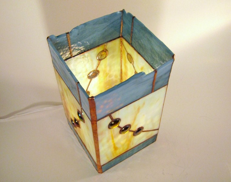 Stained Glass Lamp Blue Beige Gold Column - Moonscape - Handmade OOAK