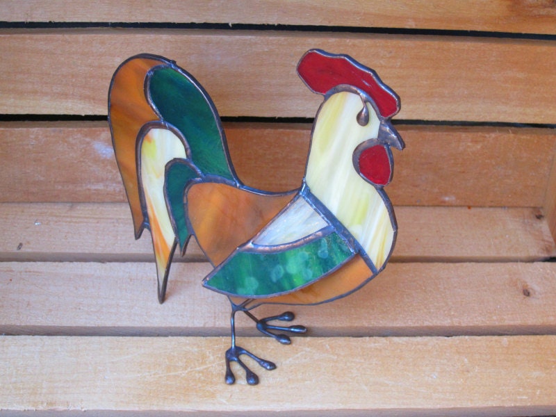 Stained Glass Rooster Rustic 3D Ornament Stand-Up Handmade OOAK