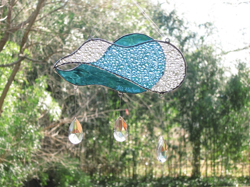 Rain Cloud Stained Glass Sun Catcher Blue Crystals Handmade OOAK