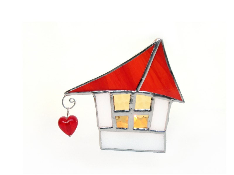 Votive Candle Holder Stained Glass Red Roof Cottage Handmade OOAK