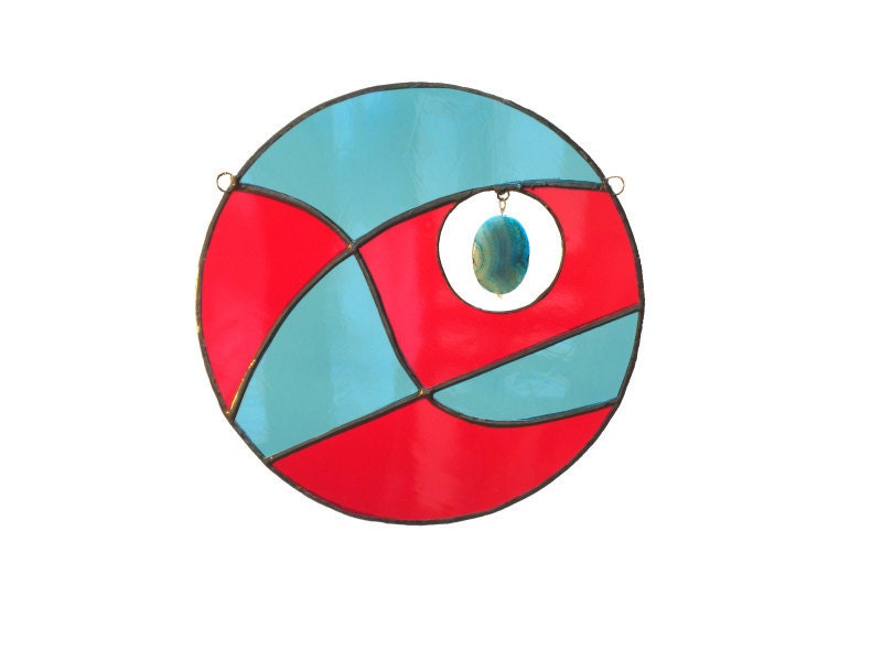 Stained Glass Suncatcher Red Blue Agate Bead Geometric Handmade OOAK
