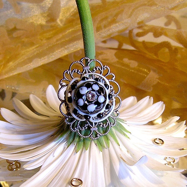 Black and White Ring, Flower Glass Bead Handmade Lampwork  Vintage Style Ring, OOAK