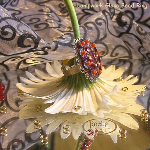 Lampwork Bead Ring, Handmade Glass Ring, Red Coral - Flower Lampwork Glass  Bead Ring OOAK, Special Gift