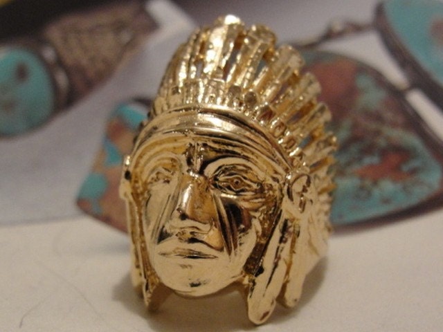 14 kt Gold Plated Native American Sterling Silver Indian Chief Ring with Headdress Unisex