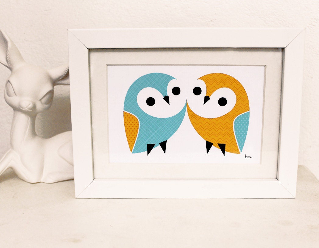 Mini Print - Owl Pair (aqua)