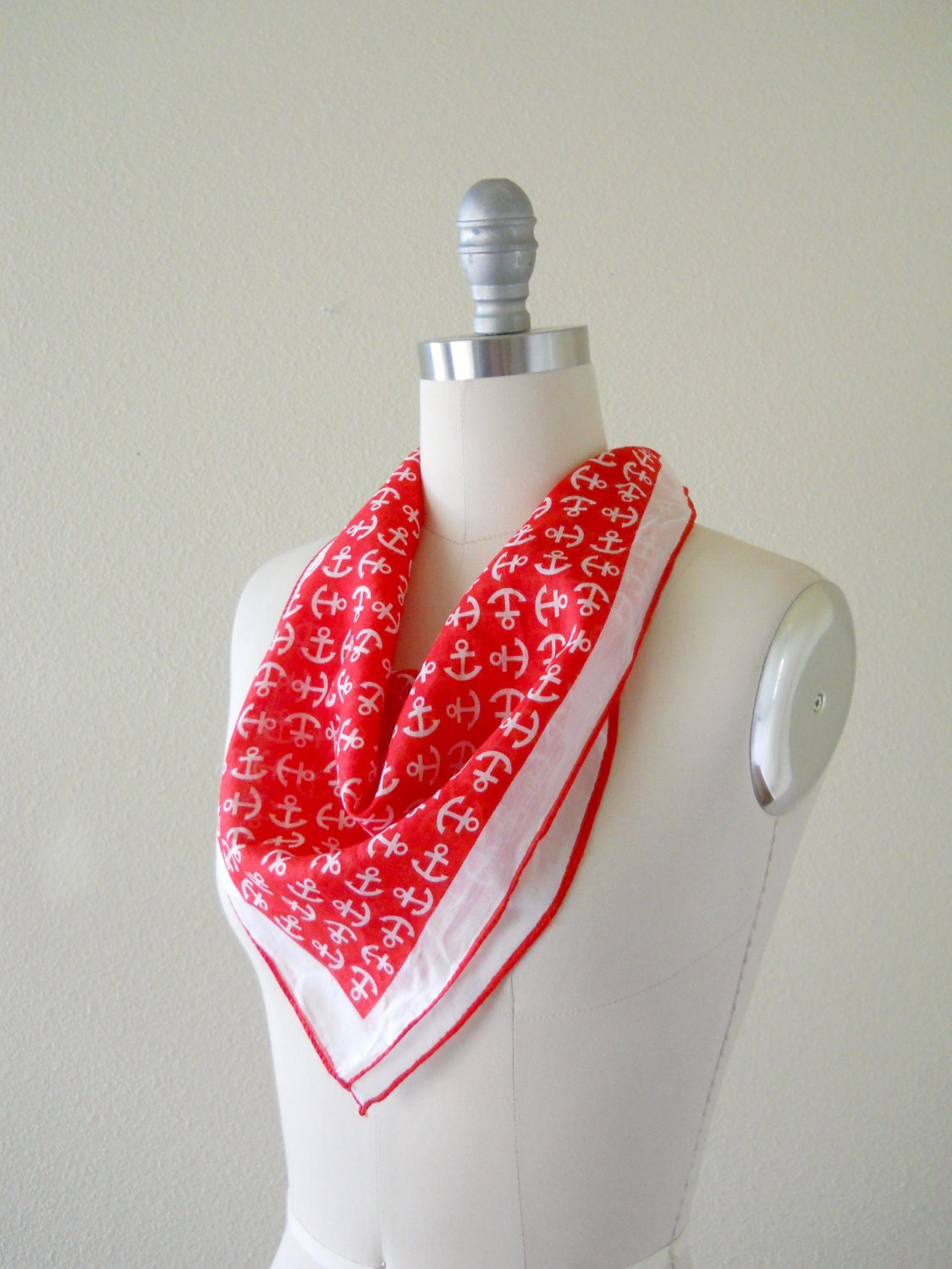 Vintage Scarf -- Red Cotton Anchor Print Neck Tie Head Scarf -- Nautical Summer
