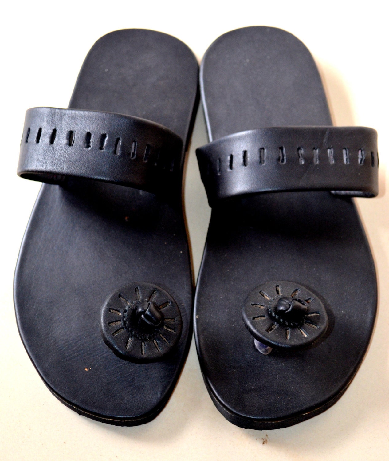 Black Panelled Circle Post Leather Sandals-Handmade Sandals , Indian Leather Sandals, Flip Flops, Ladies, Mens, Custom made - ALL SIZES