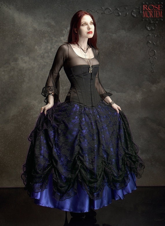 Cordelia Layered Long Bustle Skirt in Satin and Lace - Custom Elegant Gothic Clothing and Dark Romantic Couture