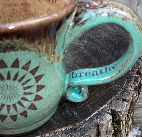 Custom Made Coffee Mug Handmade pottery mug Infused with Reiki - Robin's Egg Brown Rustic Earthy Pottery Personalized Gift