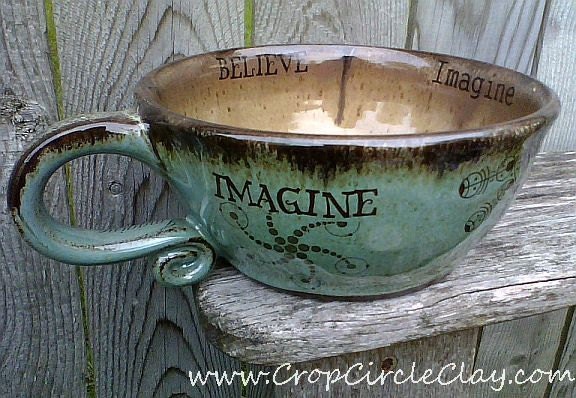 Personalized Soup Mug Crop Circles Shabby Chic Pottery, Robin's Egg, Brown Rustic, Earthy, Inspirational Gift - Sacred Geometry - CropCircleClay