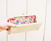 Cream Colored Clutch/Purse with Colorful Lining and Gold Details