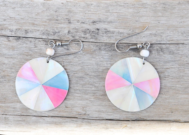 Round Retro Geometric Mother of Pearl Earrings in Purple, Blue and White