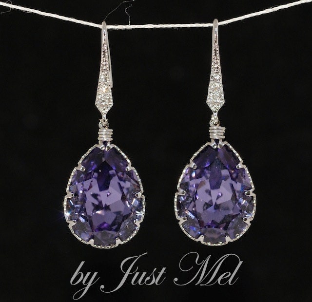Wedding, Bridesmaid Earrings, Bridal Jewelry - CZ Detailed Earring Hook with Swarovski Tanzanite (Purple) Teardrop Crystal (E264)