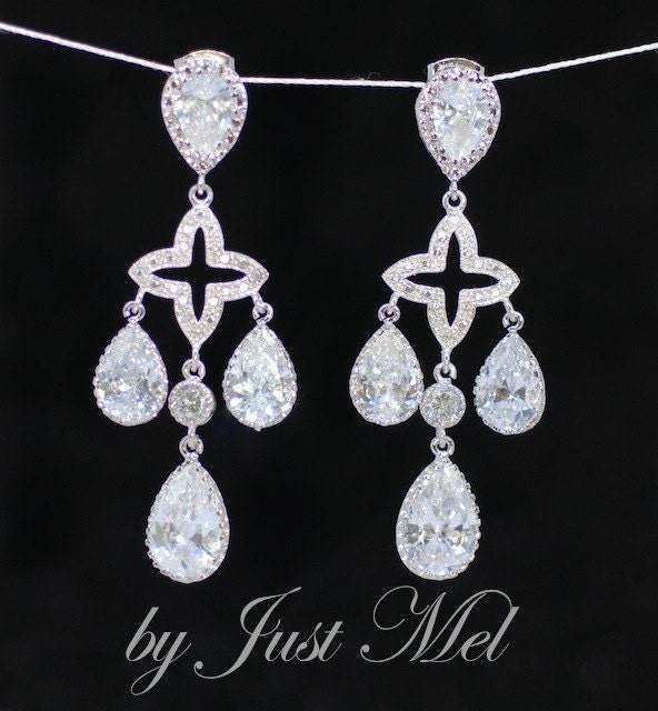 Wedding Earrings, Bridesmaid Earrings, Bridal Jewelry - Chandelier Cubic Zirconia Teardrop Earring (E282)