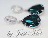 Wedding, Bridesmaid Earrings, Bridal Jewelry - Cubic Zirconia Detailed Earring Hook with Swarovski Emerald Green Teardrop Crystal (E333)