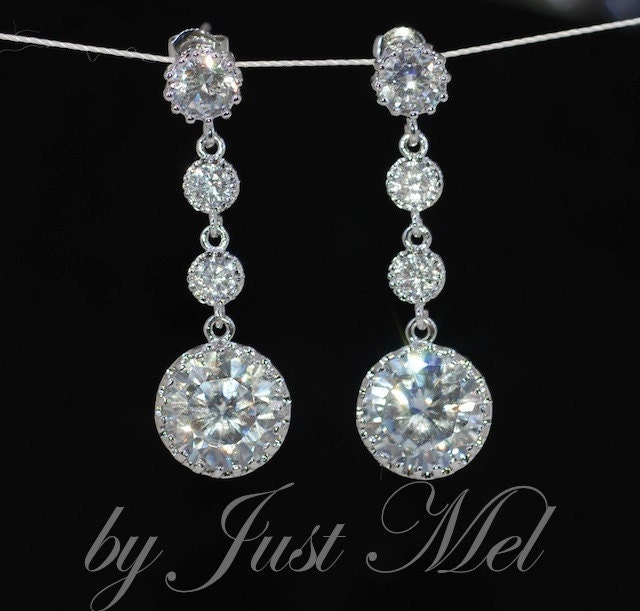 Wedding Earrings, Bridesmaid Earrings, Bridal Jewelry - Cubic Zirconia Round Earring with Cascading Round Cubic Zirconia (E358)