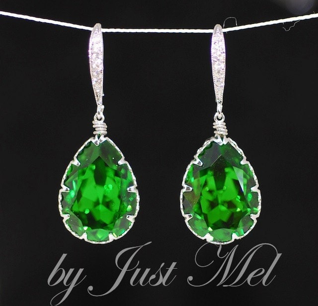 Cubic Zirconia Detailed Earring Hook with Swarovski Fern Green Teardrop Crystal - Wedding Jewelry, Bride Earrings, Bridesmaid Gift (E430)