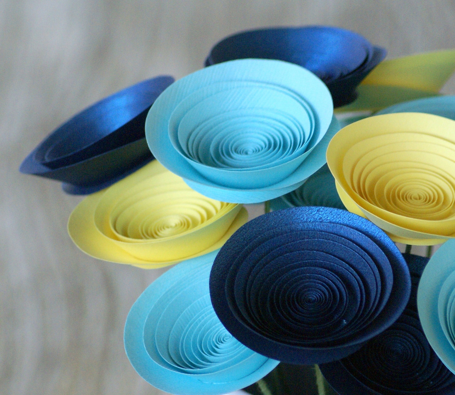 18 Paper Flowers in Blue, Aqua, and Yellow. Modern Spring Bouquet. Handmade Paper Flower Arrangement