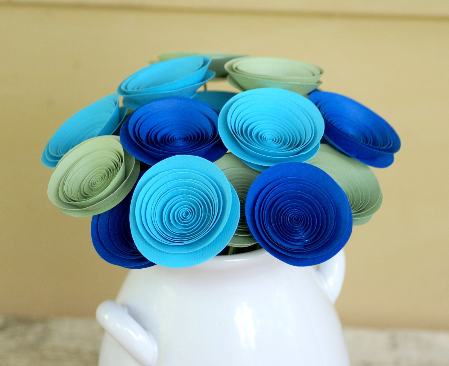 18 Peacock Inspired Paper Flowers in Royal Blue, Turquoise and Sage, Paper Bouquet in Peacock Colors