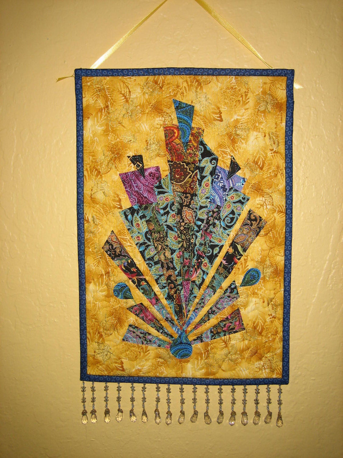 Art Quilt, Art Deco Turquoise and Fuchsia Wall Hanging