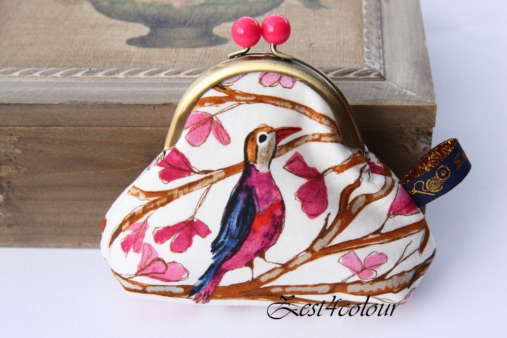 Pink bobble frame Coin purse Birds on tree branches