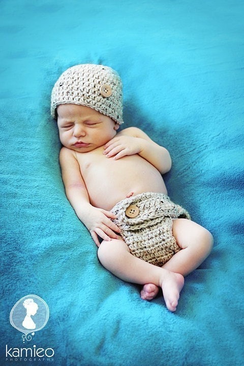 Diaper Cover and Hat Set in Oatmeal - Photo Prop - Made to Order