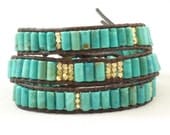 African Turquoise Triple Wrap Bracelet on Natural Dark Brown Leather