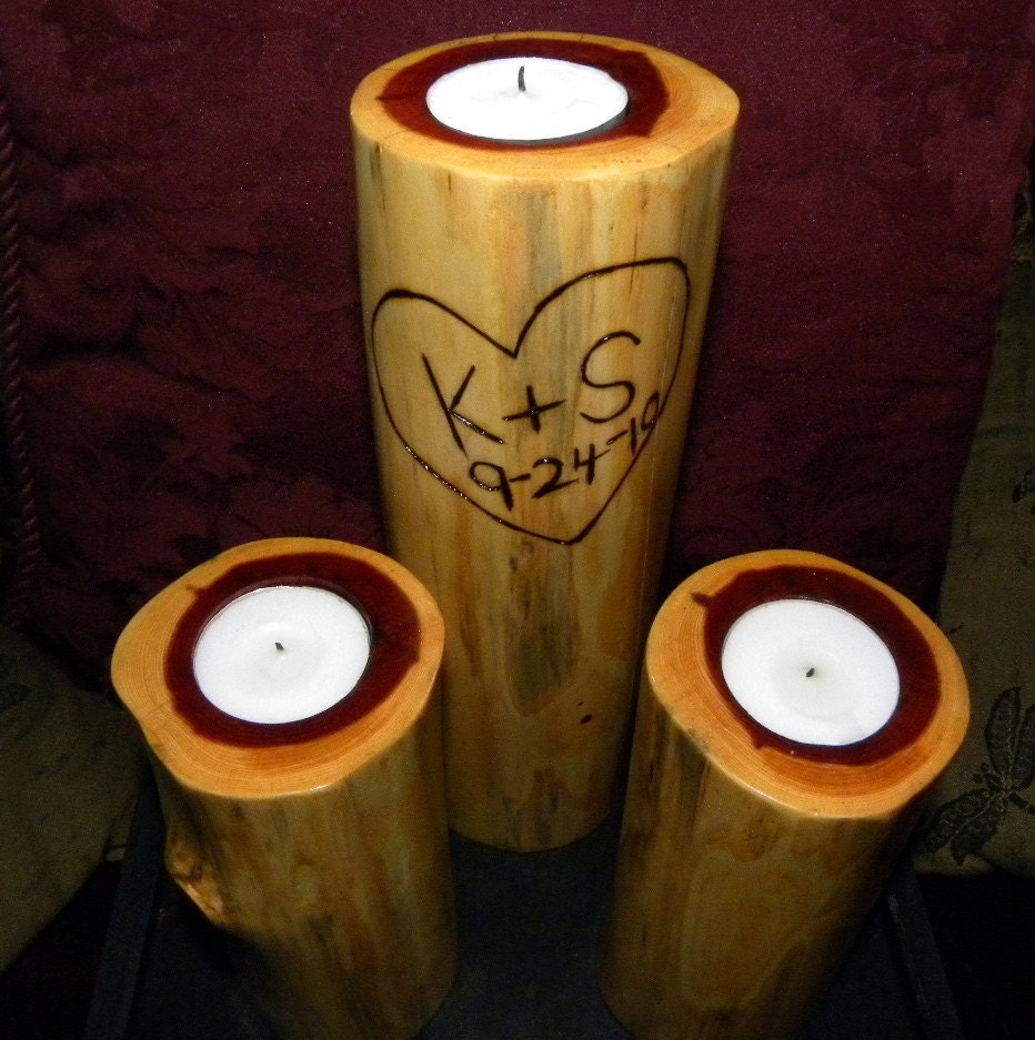 Wedding unity candles - Anniversary  candles-Set of 3 hand-made Cedar candle Holders-Initials and Date Included-Driftwood Candles