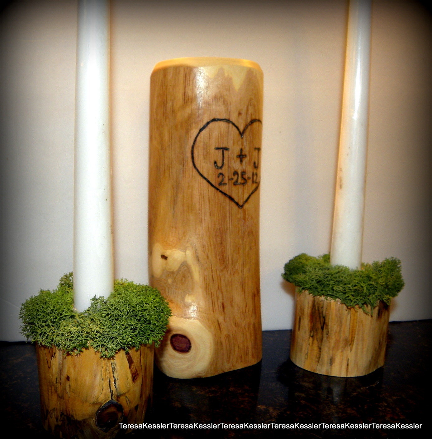 Rustic Mossy Woodland Wedding Unity Candle Sets-PERSONALIZED Made to order-Wooden Tea light Candle Holders