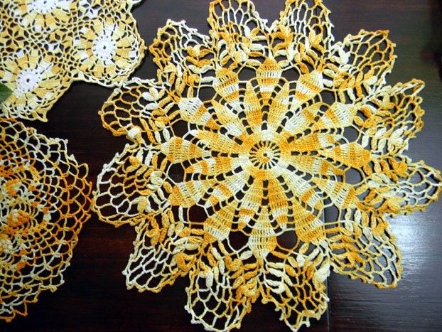 3 Vintage Crochet Doilies Variegated Oranges - Hand Crocheted 7694